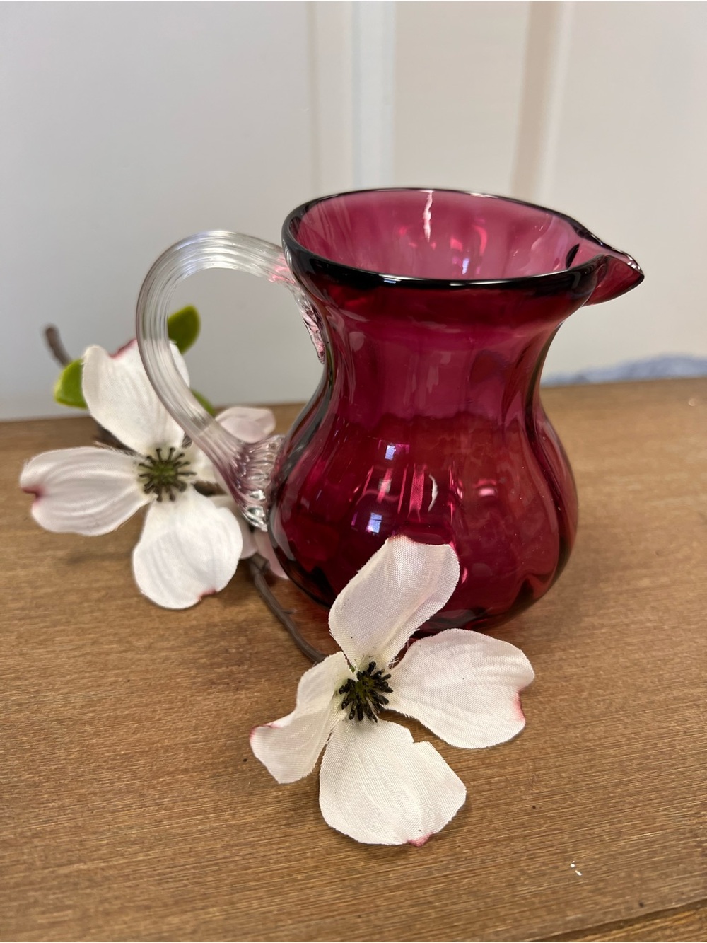 Cranberry Glass Creamer Pitcher with Clear Handle
